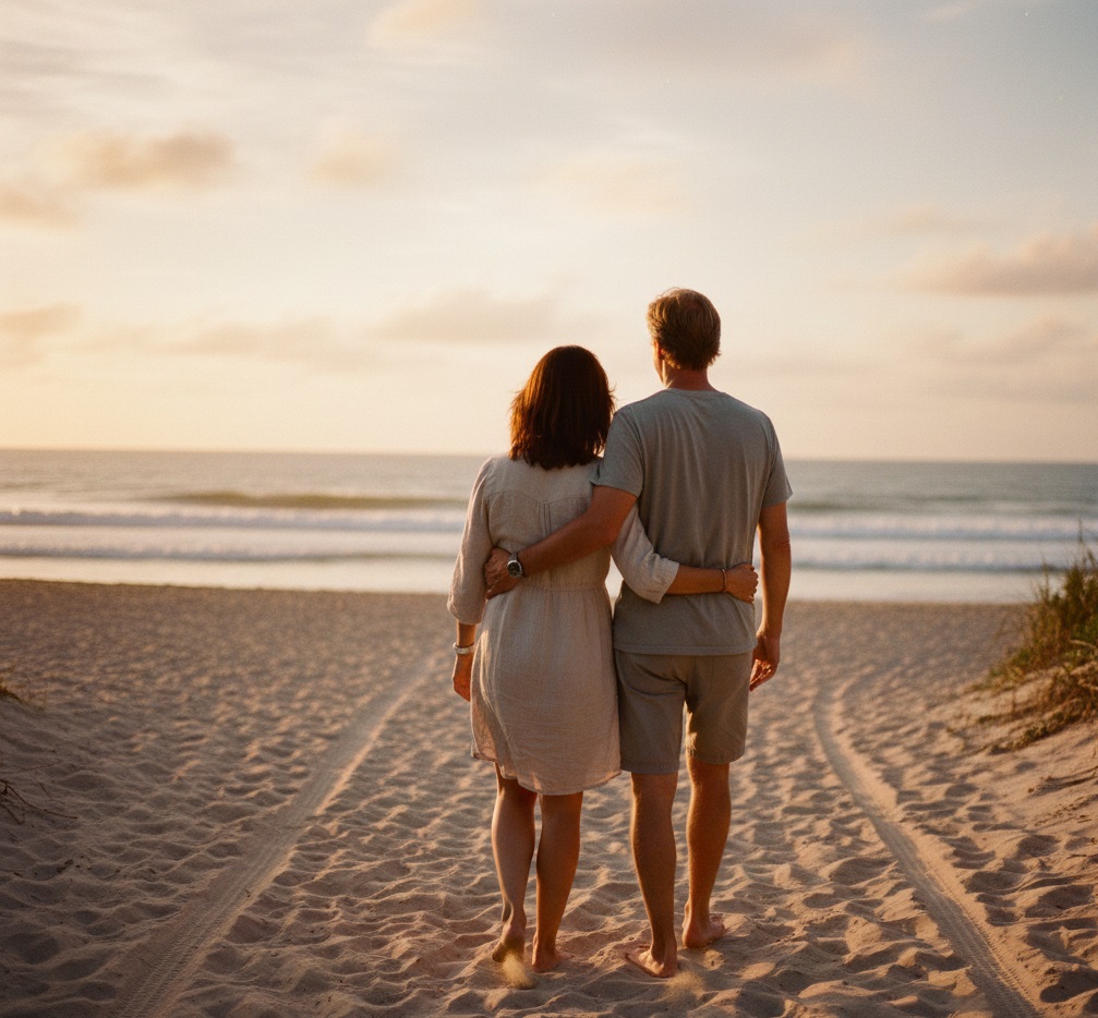 couple qui se retrouve à la plage, heureux grâce aux séance de coaching mental de moncoachthomas.fr