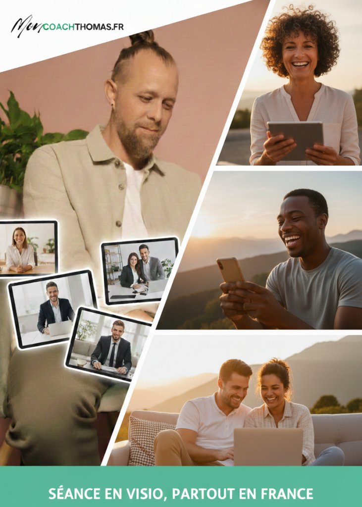 Coaching mental en ligne avec Mon Coach Thomas : séances en visio partout en France pour sportifs, dirigeants, couples et particuliers, illustrées par des clients souriants en consultation à domicile.