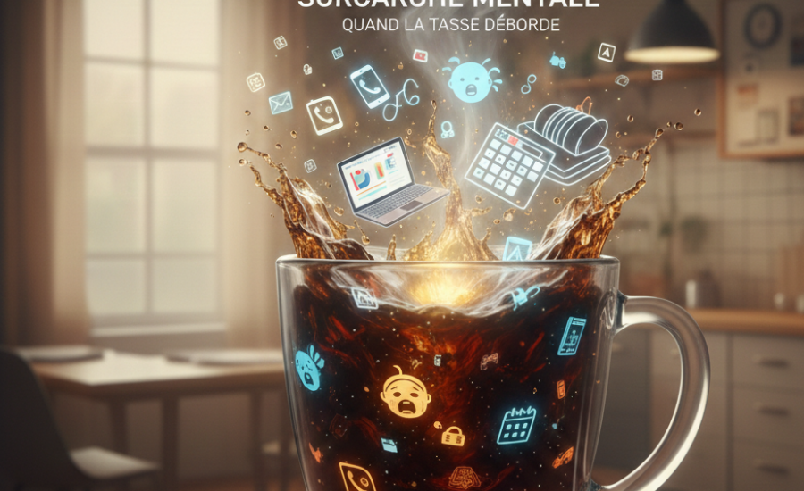 "Illustration conceptuelle de la surcharge mentale : une tasse en verre débordant de café, où flottent des icônes symbolisant le stress quotidien (ordinateur, bébé qui pleure, notifications, calendrier). Arrière-plan de cuisine flouté, style visuel moderne et évocateur."