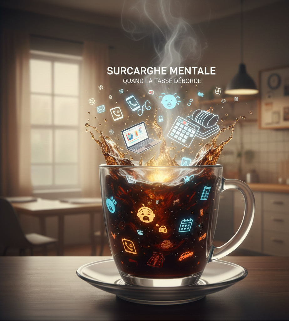 "Illustration conceptuelle de la surcharge mentale : une tasse en verre débordant de café, où flottent des icônes symbolisant le stress quotidien (ordinateur, bébé qui pleure, notifications, calendrier). Arrière-plan de cuisine flouté, style visuel moderne et évocateur."
