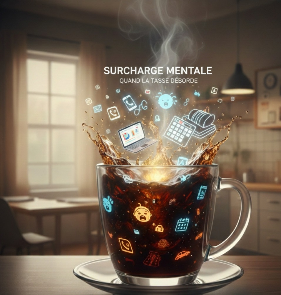 tasse qui déborde des contraintes du quotidien représentant votre surcharge mentale.