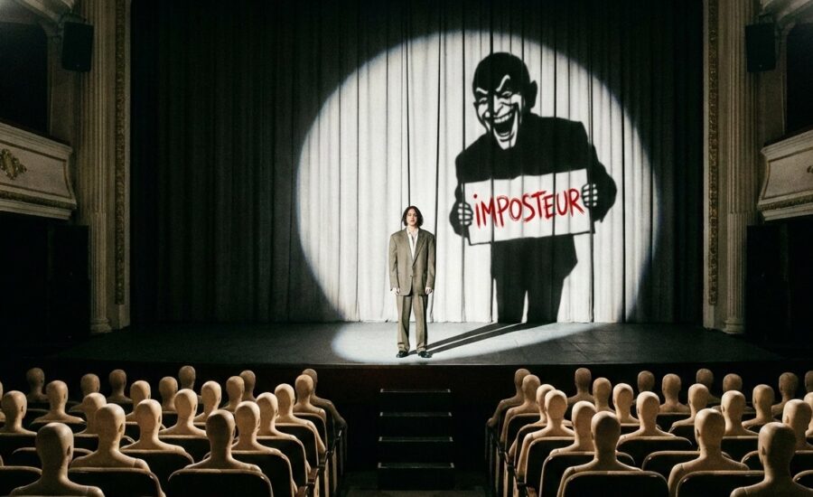 Représentation métaphorique du syndrome de l'imposteur : un dirigeant seul sur scène sous un projecteur, dont l'ombre géante brandit une pancarte "Imposteur" face à une audience anonyme.