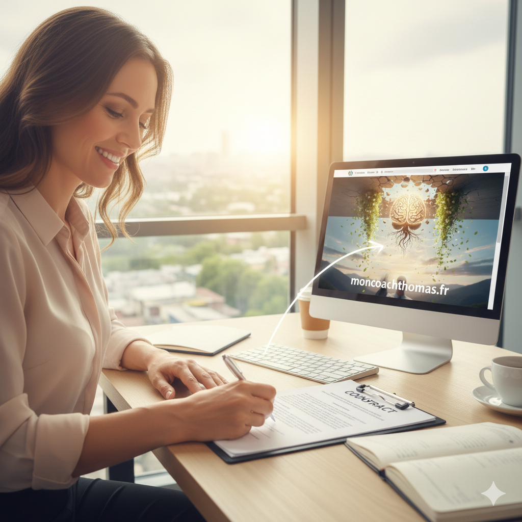 Passage à l'action pour un coaching de performance : signature d'engagement avec le site moncoachthomas.fr visible sur écran.