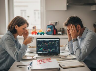 Cadre et entrepreneuse sous pression au petit-déjeuner face à un ordinateur affichant des graphiques financiers et un dossier marqué "pression", illustrant l'épuisement professionnel et la charge mentale.