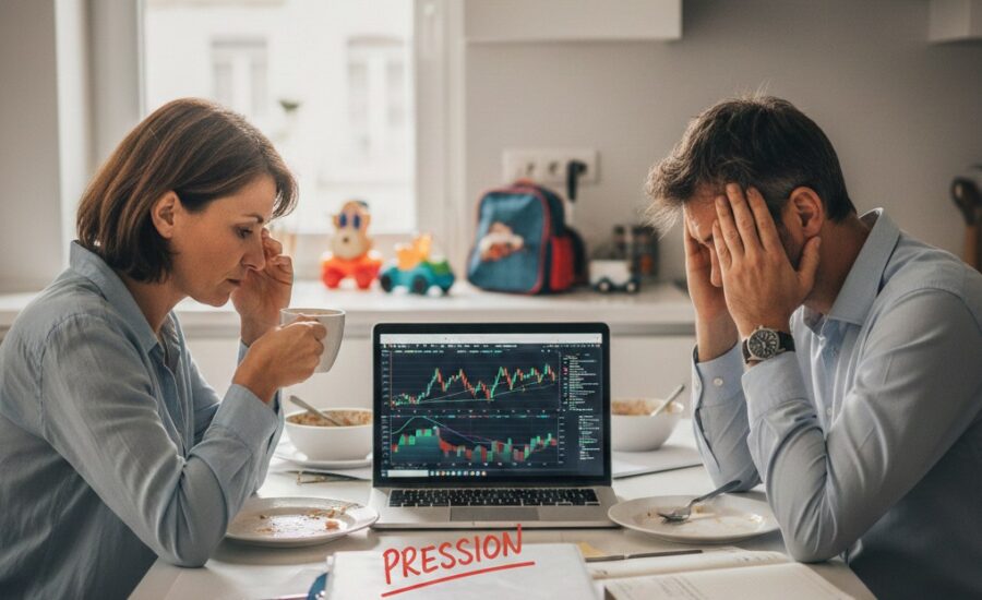 Cadre et entrepreneuse sous pression au petit-déjeuner face à un ordinateur affichant des graphiques financiers et un dossier marqué "pression", illustrant l'épuisement professionnel et la charge mentale.