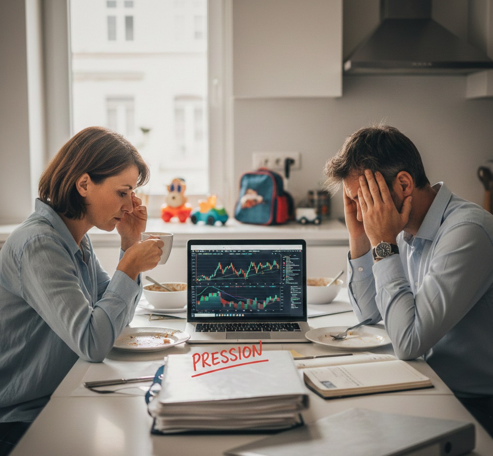 Cadre et entrepreneuse sous pression au petit-déjeuner face à un ordinateur affichant des graphiques financiers et un dossier marqué "pression", illustrant l'épuisement professionnel et la charge mentale.