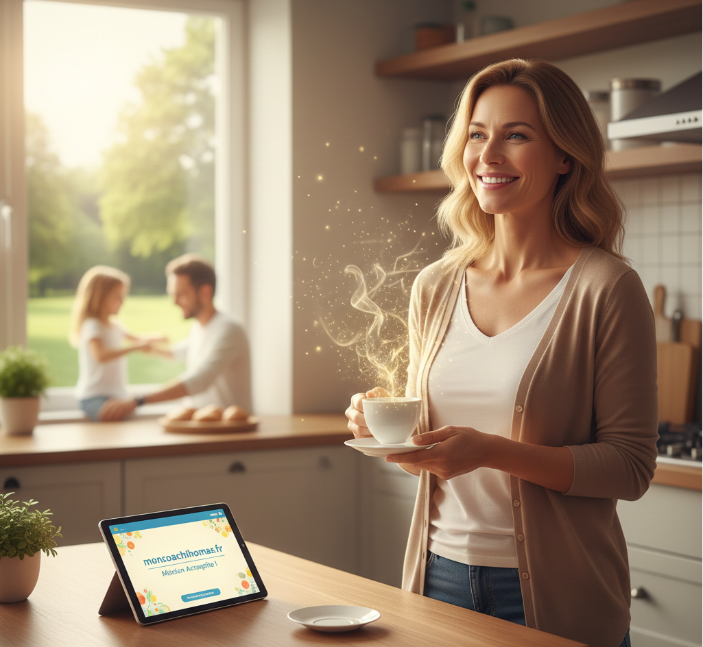 "Femme souriante et sereine dans sa cuisine, tenant une tasse de café fumante symbolisant le calme retrouvé. Sur le plan de travail, une tablette affiche le site MonCoachThomas.fr. En arrière-plan, une scène de vie familiale harmonieuse et lumineuse, illustrant la fin de la surcharge mentale."