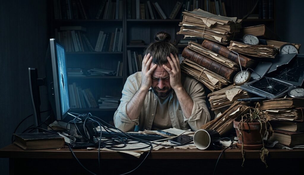 Un homme assis à un bureau, se tenant la tête à deux mains dans un geste de profond désespoir et d'épuisement professionnel. Son bureau est chaotique, encombré d'un amas de câbles, d'un écran d'ordinateur brisé et fêlé (à gauche) et d'une pile précaire de vieux livres et d'appareils électroniques cassés (tablettes, horloges) (à droite). Une plante flétrie est posée devant lui. L'arrière-plan montre des bibliothèques sombres.