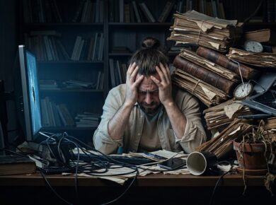 Un homme assis à un bureau, se tenant la tête à deux mains dans un geste de profond désespoir et d'épuisement. Son bureau est chaotique, encombré d'un amas de câbles, d'un écran d'ordinateur brisé et fêlé (à gauche) et d'une pile précaire de vieux livres et d'appareils électroniques cassés (tablettes, horloges) (à droite). Une plante flétrie est posée devant lui. L'arrière-plan montre des bibliothèques sombres.