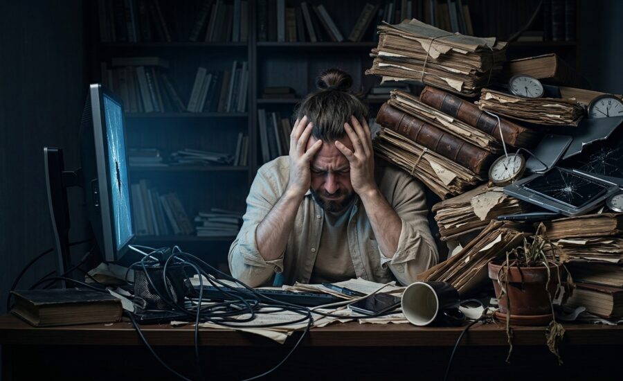 Un homme assis à un bureau, se tenant la tête à deux mains dans un geste de profond désespoir et d'épuisement. Son bureau est chaotique, encombré d'un amas de câbles, d'un écran d'ordinateur brisé et fêlé (à gauche) et d'une pile précaire de vieux livres et d'appareils électroniques cassés (tablettes, horloges) (à droite). Une plante flétrie est posée devant lui. L'arrière-plan montre des bibliothèques sombres.