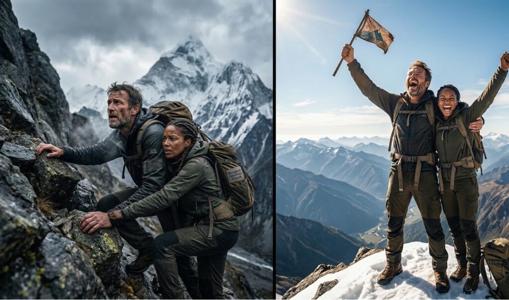 Montage avant-après de deux alpinistes, un homme et une femme. À gauche, l'épuisement et le doute sur une paroi rocheuse abrupte, illustrant la pression opérationnelle. À droite, la célébration de la victoire au sommet. Cette image symbolise parfaitement le dirigeant qui persévère face aux défis managériaux et mène son équipe au succès.