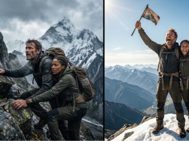 Montage avant-après de deux alpinistes, un homme et une femme. À gauche, l'épuisement et le doute sur une paroi rocheuse abrupte, illustrant la pression opérationnelle. À droite, la célébration de la victoire au sommet. Cette image symbolise parfaitement le dirigeant qui persévère face aux défis managériaux et mène son équipe au succès.
