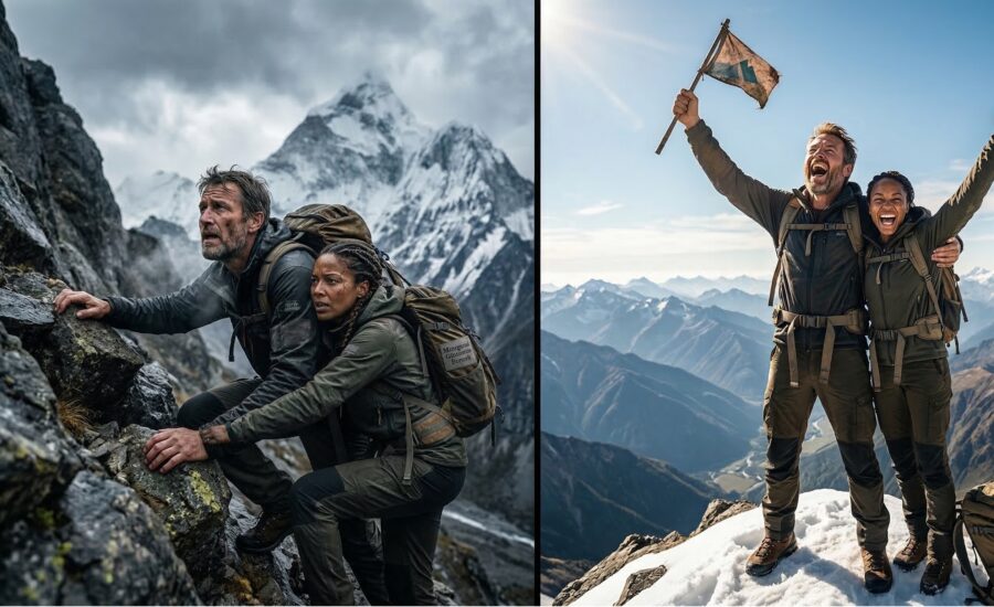 Montage avant-après de deux alpinistes, un homme et une femme. À gauche, l'épuisement et le doute sur une paroi rocheuse abrupte, illustrant la pression opérationnelle. À droite, la célébration de la victoire au sommet. Cette image symbolise parfaitement le dirigeant qui persévère face aux défis managériaux et mène son équipe au succès.