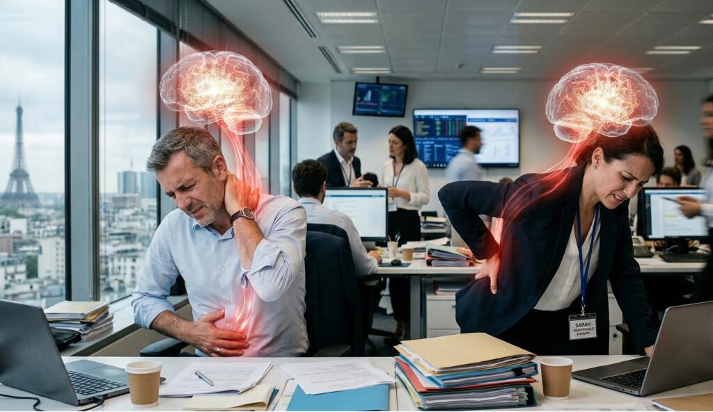 "Un dirigeant et une manager en entreprise souffrant de symptômes physiques sévères liés à la surcharge mentale. Leurs cerveaux et systèmes nerveux apparaissent en rouge incandescent, illustrant cliniquement les douleurs au dos, aux cervicales et au ventre causées par le stress exécutif."