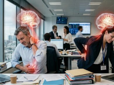 "Un dirigeant et une manager en entreprise souffrant de symptômes physiques sévères liés à la surcharge mentale. Leurs cerveaux et systèmes nerveux apparaissent en rouge incandescent, illustrant cliniquement les douleurs au dos, aux cervicales et au ventre causées par le stress exécutif."