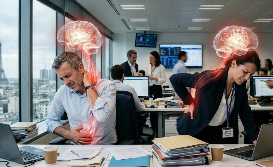 "Un dirigeant et une manager en entreprise souffrant de symptômes physiques sévères liés à la surcharge mentale. Leurs cerveaux et systèmes nerveux apparaissent en rouge incandescent, illustrant cliniquement les douleurs au dos, aux cervicales et au ventre causées par le stress exécutif."
