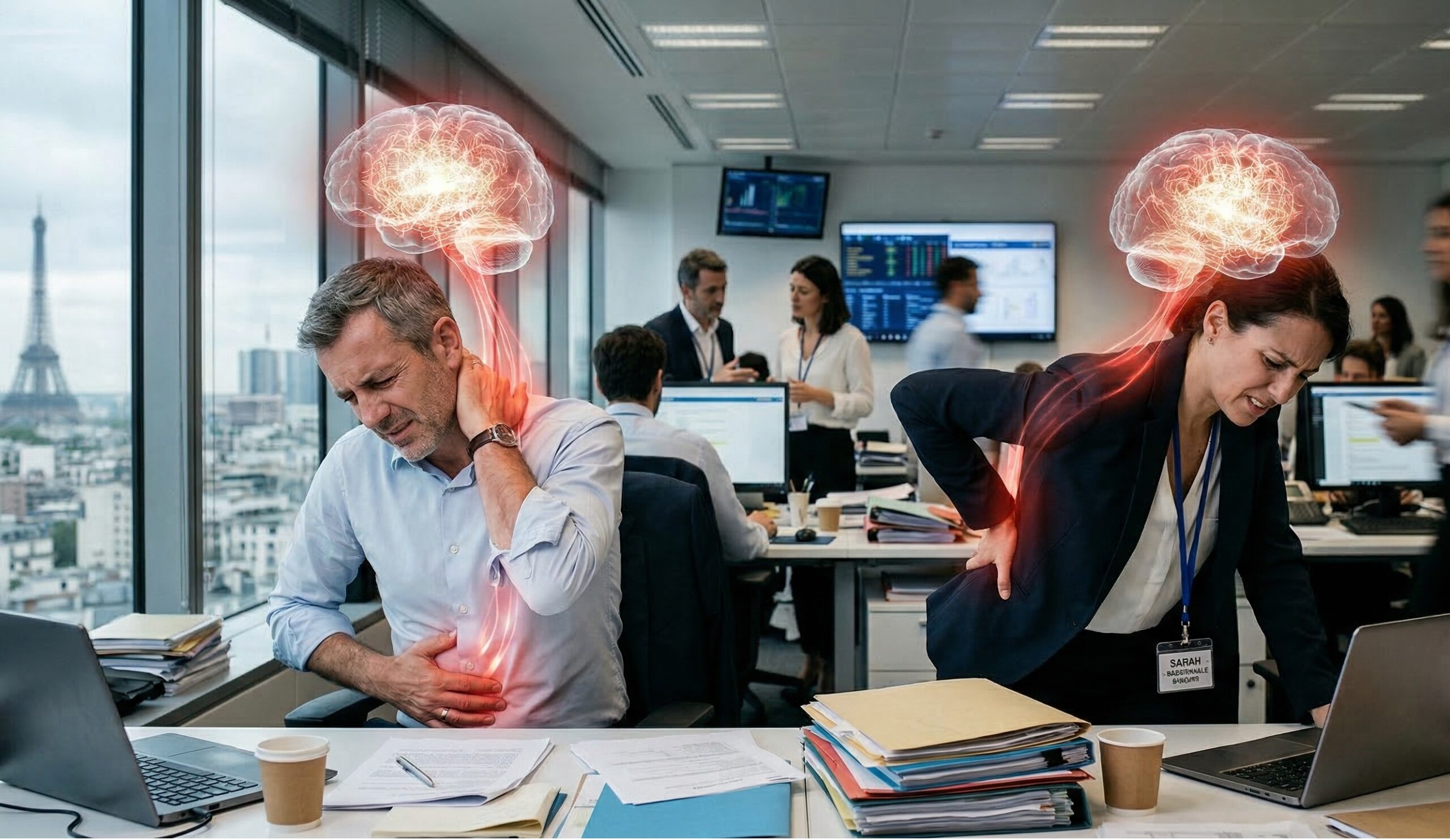 "Un dirigeant et une manager en entreprise souffrant de symptômes physiques sévères liés à la surcharge mentale. Leurs cerveaux et systèmes nerveux apparaissent en rouge incandescent, illustrant cliniquement les douleurs au dos, aux cervicales et au ventre causées par le stress exécutif."