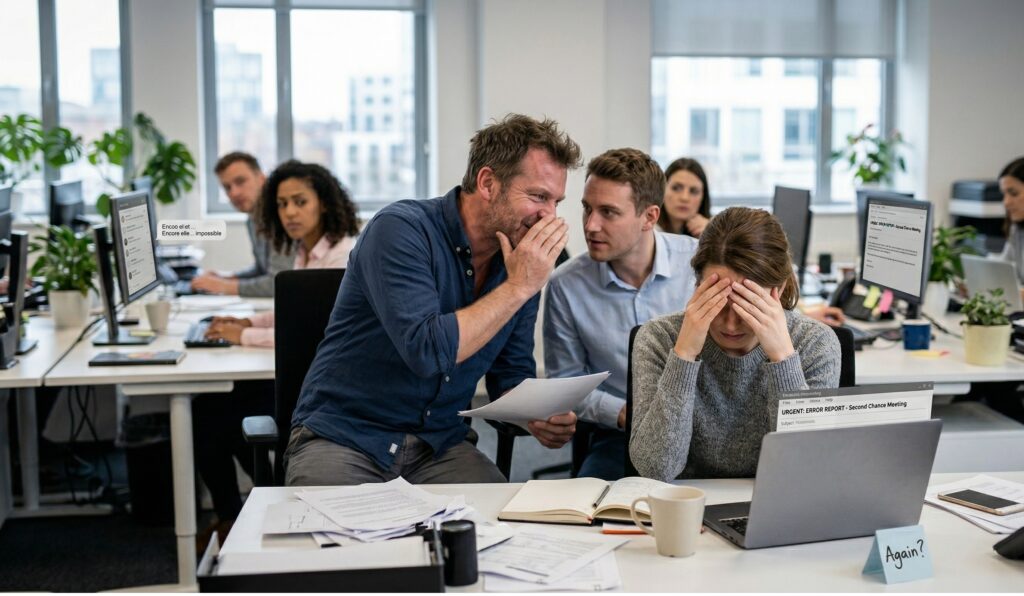 "Dans un bureau en open space, une employée visiblement angoissée se tient la tête entre les mains devant son ordinateur. À côté d'elle, un collègue toxique adopte une attitude sournoise en chuchotant à l'oreille d'un autre homme, illustrant parfaitement les rumeurs et la pression psychologique au travail."