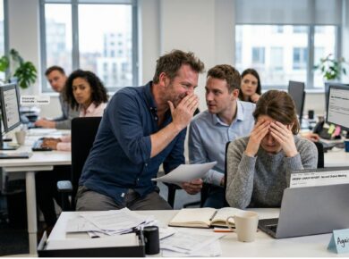 "Dans un bureau en open space, une employée visiblement angoissée se tient la tête entre les mains devant son ordinateur. À côté d'elle, un collègue toxique adopte une attitude sournoise en chuchotant à l'oreille d'un autre homme, illustrant parfaitement les rumeurs et la pression psychologique au travail."