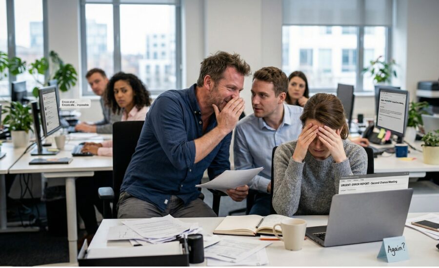 "Dans un bureau en open space, une employée visiblement angoissée se tient la tête entre les mains devant son ordinateur. À côté d'elle, un collègue toxique adopte une attitude sournoise en chuchotant à l'oreille d'un autre homme, illustrant parfaitement les rumeurs et la pression psychologique au travail."