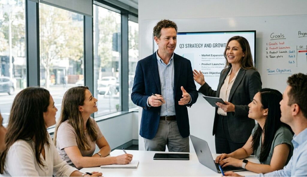 Une photographie de style professionnel montrant un homme et une femme pour animer une réunion d'équipe. Ils se tiennent debout devant un écran affichant « Q3 STRATEGY AND GROWTH » et un tableau blanc rempli de graphiques. Trois collègues assis à une table blanche les écoutent attentivement dans un bureau moderne et lumineux avec de grandes baies vitrées.