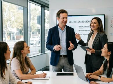 Une photographie de style professionnel montrant un homme et une femme coanimant une réunion d'équipe. Ils se tiennent debout devant un écran affichant « Q3 STRATEGY AND GROWTH » et un tableau blanc rempli de graphiques. Trois collègues assis à une table blanche les écoutent attentivement dans un bureau moderne et lumineux avec de grandes baies vitrées.