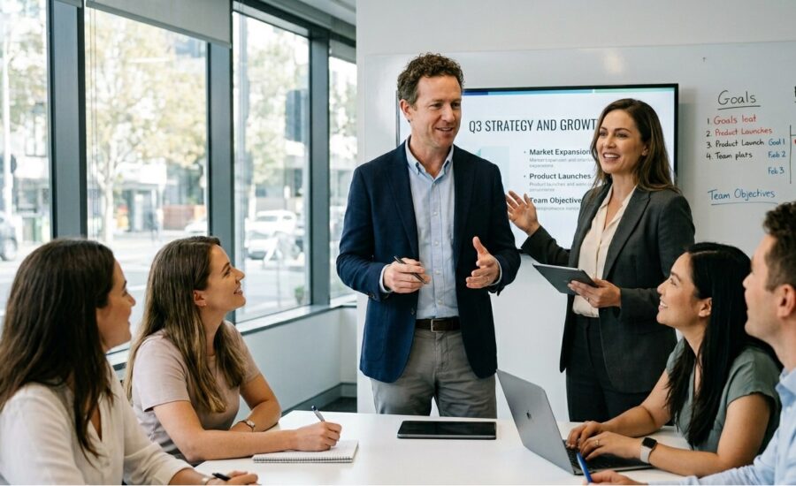 Une photographie de style professionnel montrant un homme et une femme coanimant une réunion d'équipe. Ils se tiennent debout devant un écran affichant « Q3 STRATEGY AND GROWTH » et un tableau blanc rempli de graphiques. Trois collègues assis à une table blanche les écoutent attentivement dans un bureau moderne et lumineux avec de grandes baies vitrées.
